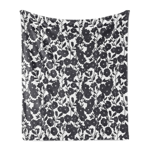 Floral Soft Flannel Fleece Blanket, Dark Charcoal Gardening Flowers Leaves and Swirls Modern Art Print Image, Cozy Plush for Indoor and Outdoor Use, 50" x 70", Dark Navy Blue White, by Ambesonne