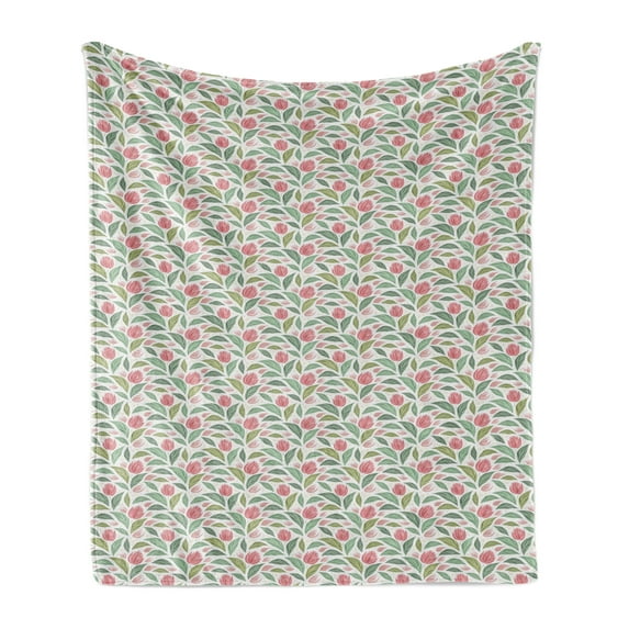 Floral Soft Flannel Fleece Blanket, Design of Striped Flowers and Leaves Blots Pastel Colored Vintage Pattern, Cozy Plush for Indoor and Outdoor Use, 60" x 80", Ruby and Reseda Green, by Ambesonne