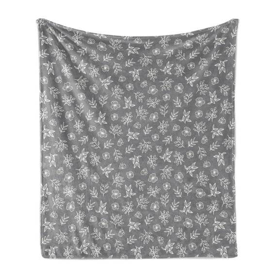 Floral Soft Flannel Fleece Blanket, Different Types of Hand Drawn Little Flower and Leaf Plants Elements Composition, Cozy Plush for Indoor and Outdoor Use, 70" x 90", Grey and White, by Ambesonne