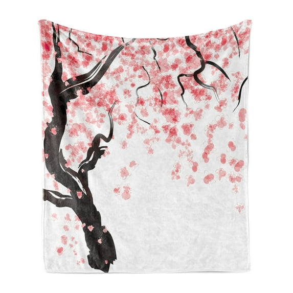 Floral Soft Flannel Fleece Blanket, Dogwood Tree Blossom in Watercolor Painting Effect Spring Season Theme Pinkish Tones, Cozy Plush for Indoor and Outdoor Use, 50" x 60", Black Pink, by Ambesonne