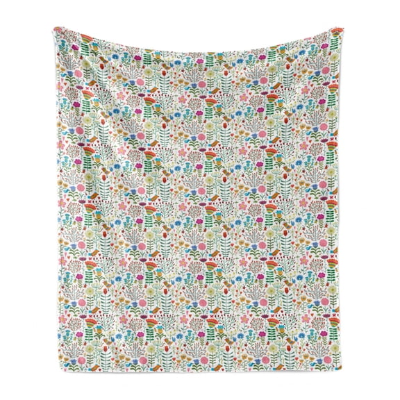 Floral Soft Flannel Fleece Blanket, Doodle Forest Habitat Design with Blooming Flowers Petals Birds and Ladybugs Print, Cozy Plush for Indoor and Outdoor Use, 50" x 70", Multicolor, by Ambesonne
