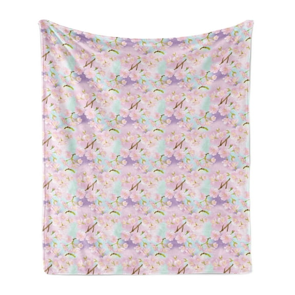 Floral Soft Flannel Fleece Blanket, Dreamy Blooming Japanese Cherry Sakura on Branches on a Colorful Gradient Background, Cozy Plush for Indoor and Outdoor Use, 50" x 70", Multicolor, by Ambesonne