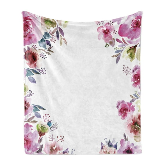 Floral Soft Flannel Fleece Blanket, Flower Background with Florets Blooms Bouquet Romance Bridal Watercolor Art, Cozy Plush for Indoor and Outdoor Use, 50" x 70", Fuchsia Green Blue, by Ambesonne