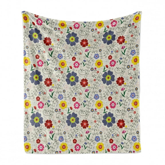 Floral Soft Flannel Fleece Blanket, Flower Pattern with Butterflies and Dragonflies Colorful Spring Nature Illustration, Cozy Plush for Indoor and Outdoor Use, 50" x 60", Multicolor, by Ambesonne