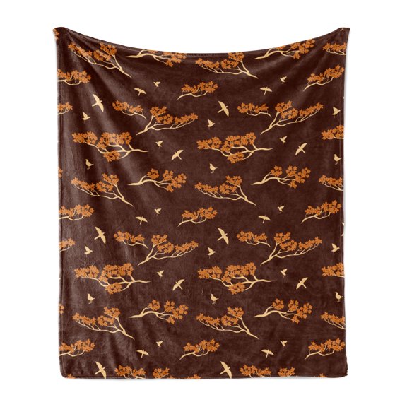 Floral Soft Flannel Fleece Blanket, Flowered Sakura Trees and Flying Birds Silhouettes Image in Earth Tones, Cozy Plush for Indoor and Outdoor Use, 70" x 90", Redwood Amber and Peach, by Ambesonne