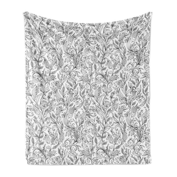 Floral Soft Flannel Fleece Blanket, Flowers Swirls Ivy with Leaves Eastern Modern Paisley Inspired Image Sketch Art, Cozy Plush for Indoor and Outdoor Use, 60" x 80", Black and White, by Ambesonne