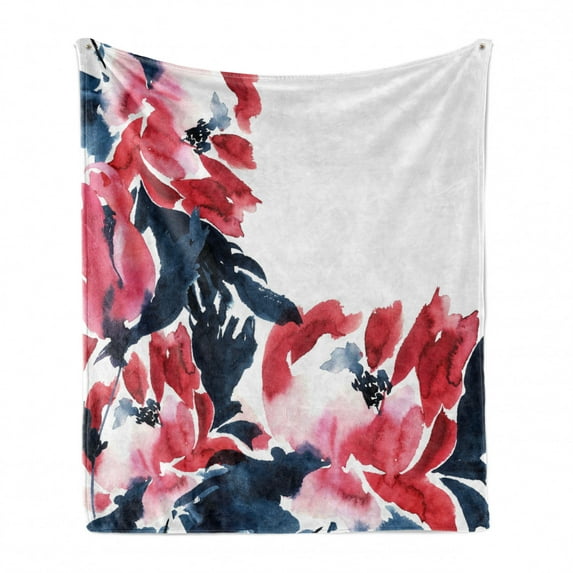 Floral Soft Flannel Fleece Blanket, Flowers in Watercolor Style Effect Illustration of Peonies Spring Inspired Print, Cozy Plush for Indoor and Outdoor Use, 70" x 90", Dark Blue Red, by Ambesonne