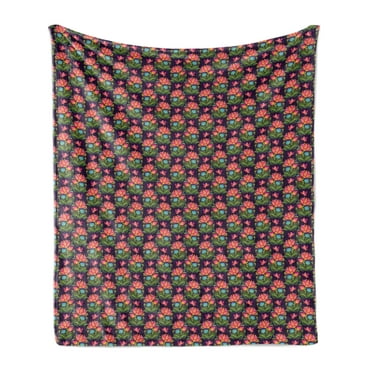 Floral Soft Flannel Fleece Blanket, Folkloric Themed Cultural Ornamental Flowers Pattern Blooming Print, Cozy Plush for Indoor and Outdoor Use, 50" x 60", Dark Purple and Multicolor, by Ambesonne