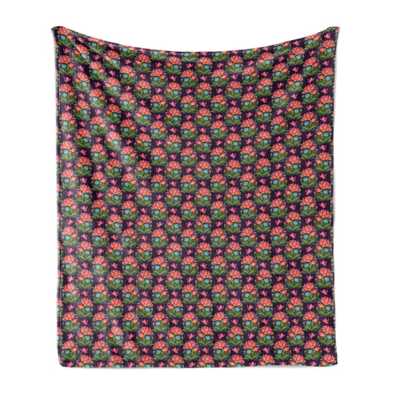 Floral Soft Flannel Fleece Blanket, Folkloric Themed Cultural Ornamental Flowers Pattern Blooming Print, Cozy Plush for Indoor and Outdoor Use, 50" x 70", Dark Purple and Multicolor, by Ambesonne