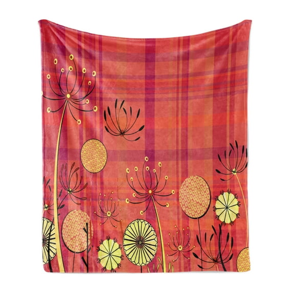 Floral Soft Flannel Fleece Blanket, Generic Umbellifer Flowers Blooms and Traditional Tartan Pattern Illustration, Cozy Plush for Indoor and Outdoor Use, 60" x 80", Yellow Dark Coral, by Ambesonne