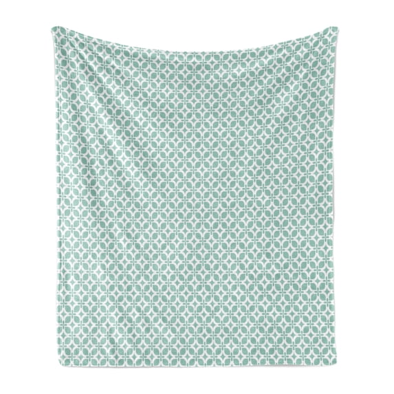 Floral Soft Flannel Fleece Blanket, Geometric Pattern of Rounded Squares and Flowers Simple Eastern Style Image, Cozy Plush for Indoor and Outdoor Use, 50" x 60", Pale Teal and White, by Ambesonne