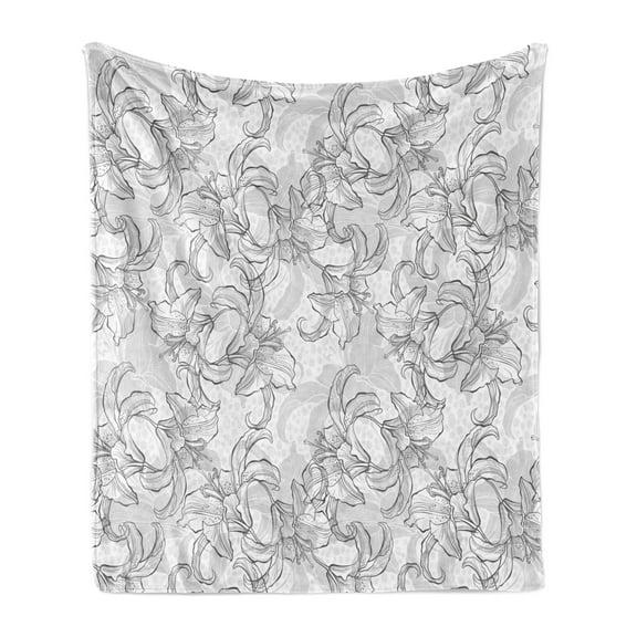 Floral Soft Flannel Fleece Blanket, Greyscale Vintage Style Pattern of Outline Flowers in Neutral Tones Image, Cozy Plush for Indoor and Outdoor Use, 60" x 80", Grey Pale Grey White, by Ambesonne