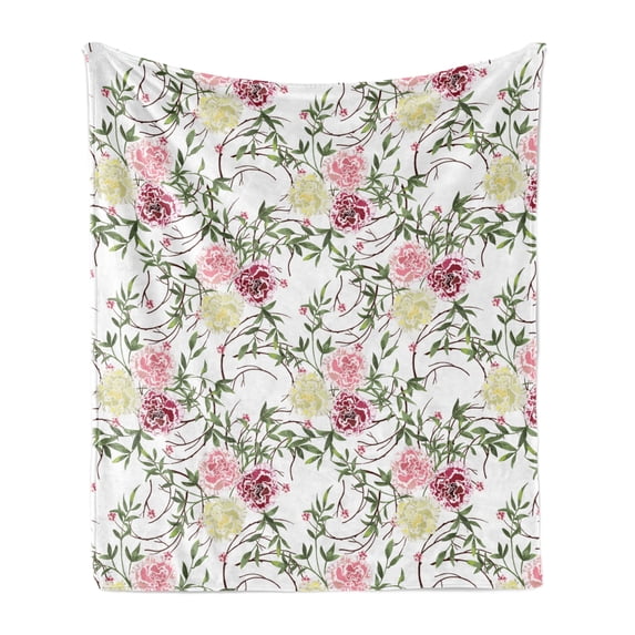 Floral Soft Flannel Fleece Blanket, Hand Drawn Art Like Wild Colorful Blooming Flowers Leaves and Long Twigs, Cozy Plush for Indoor and Outdoor Use, 70" x 90", White and Multicolor, by Ambesonne