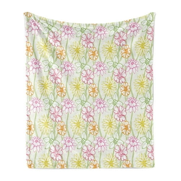Floral Soft Flannel Fleece Blanket, Hand Drawn Colorful Flourishing Spring Flowers Sketchy Design Natural Garden Theme, Cozy Plush for Indoor and Outdoor Use, 50" x 70", Multicolor, by Ambesonne
