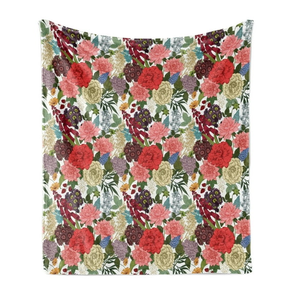 Floral Soft Flannel Fleece Blanket, Hand Drawn Foxglove Hydrangea Primrose and Hyacinth Summer Foliage Romantic Design, Cozy Plush for Indoor and Outdoor Use, 50" x 70", Multicolor, by Ambesonne