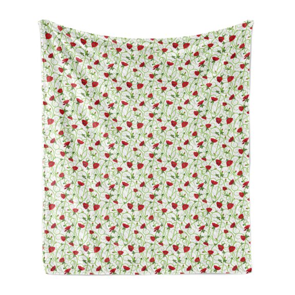 Floral Soft Flannel Fleece Blanket, Illustration of Tangled Scarlet Color Poppy Flowers with Curled Peduncles, Cozy Plush for Indoor and Outdoor Use, 70" x 90", Vermilion and Green, by Ambesonne