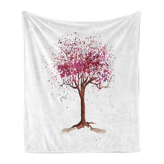 Floral Soft Flannel Fleece Blanket, Japanese Cherry Blossom Buds Sakura Tree in Watercolor Beauty Essence Artwork, Cozy Plush for Indoor and Outdoor Use, 50" x 60", Magenta Redwood, by Ambesonne