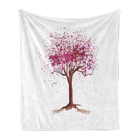Floral Soft Flannel Fleece Blanket, Japanese Cherry Blossom Buds Sakura Tree in Watercolor Beauty Essence Artwork, Cozy Plush for Indoor and Outdoor Use, 50" x 70", Magenta Redwood, by Ambesonne