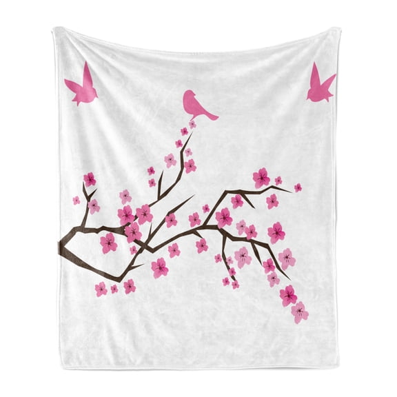 Floral Soft Flannel Fleece Blanket, Japanese Minimalist Cherry Blossoms Branch Birds Silhouette Abstract Pattern, Cozy Plush for Indoor and Outdoor Use, 50" x 60", Pale Fuchsia Pink, by Ambesonne