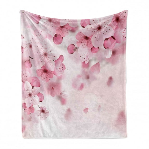 Floral Soft Flannel Fleece Blanket, Japanese Sakura Flowers Blossoms Eastern Spring Nature Theme Illustration, Cozy Plush for Indoor and Outdoor Use, 50" x 70", Pale Pink Baby Pink, by Ambesonne