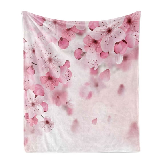 Floral Soft Flannel Fleece Blanket, Japanese Sakura Flowers Blossoms Eastern Spring Nature Theme Illustration, Cozy Plush for Indoor and Outdoor Use, 60" x 80", Pale Pink Baby Pink, by Ambesonne