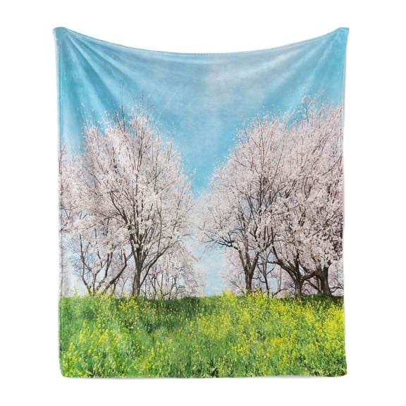 Floral Soft Flannel Fleece Blanket, Japanese Spring Scenery Grass Wildflowers Cherry Trees Pink Blossoms Panorama, Cozy Plush for Indoor and Outdoor Use, 70" x 90", Aqua Pink Green, by Ambesonne