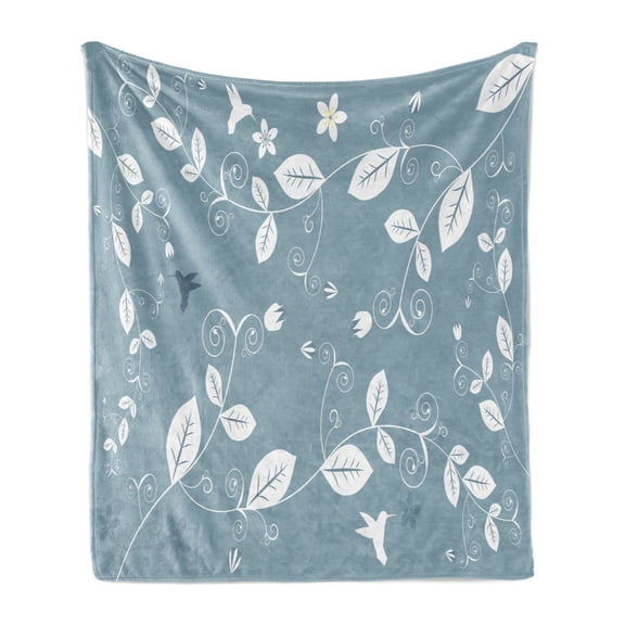 Floral Soft Flannel Fleece Blanket, Leaves Flowers Buds Blossoms Ivy Tulips Natural Botanic Modern Artwork Image, Cozy Plush for Indoor and Outdoor Use, 70" x 90", Slate Blue White, by Ambesonne