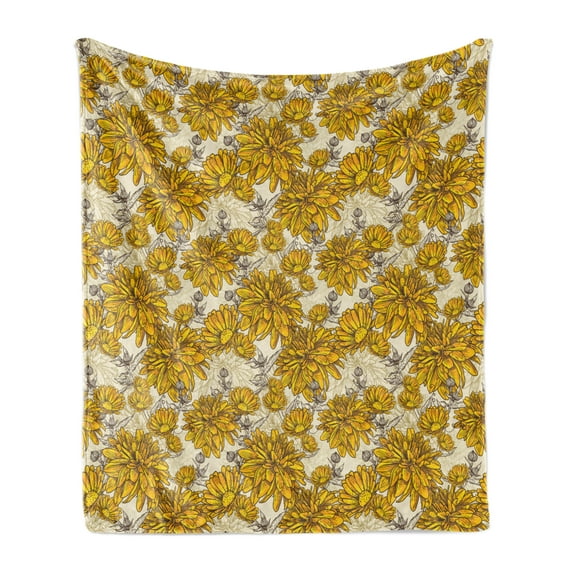 Floral Soft Flannel Fleece Blanket, Lily Carnation Bouquet Beauty Botany Field Flourishing Mother Nature Theme, Cozy Plush for Indoor and Outdoor Use, 50" x 60", Earth Yellow Beige, by Ambesonne