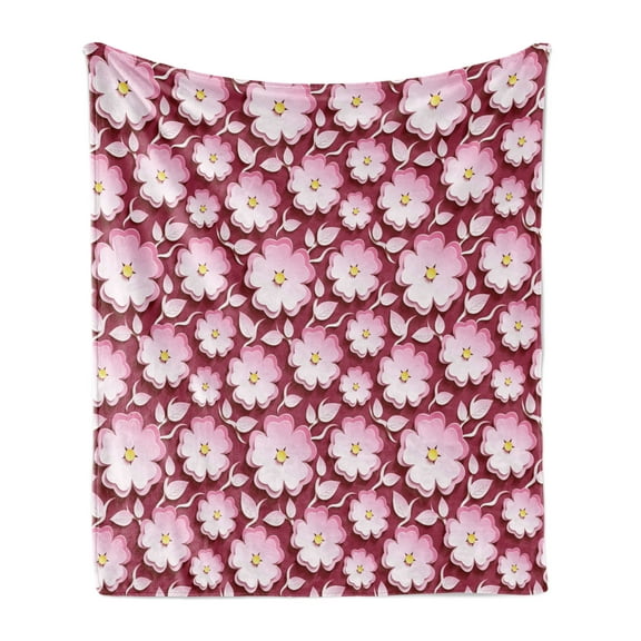 Floral Soft Flannel Fleece Blanket, Macro Flower Petal of Japanese Cherry Blossom Sakura Tree Spring Theme, Cozy Plush for Indoor and Outdoor Use, 70" x 90", Pale Pink Maroon Yellow, by Ambesonne