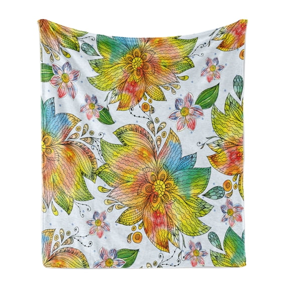 Floral Soft Flannel Fleece Blanket, Macro Flower Petals Florets Blurry Watercolor Brushstroke Effects Beauty Art Print, Cozy Plush for Indoor and Outdoor Use, 70" x 90", Multicolor, by Ambesonne