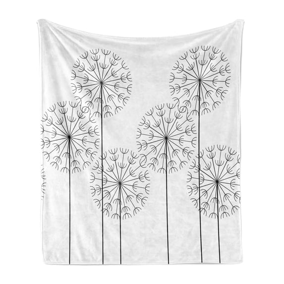 Floral Soft Flannel Fleece Blanket, Modern Hand Drawn Digital Flower Dandelions Botanic Plants Nature Artwork Print, Cozy Plush for Indoor and Outdoor Use, 50" x 60", Black and White, by Ambesonne
