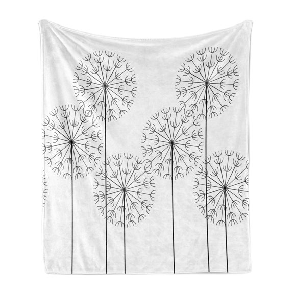Floral Soft Flannel Fleece Blanket, Modern Hand Drawn Digital Flower Dandelions Botanic Plants Nature Artwork Print, Cozy Plush for Indoor and Outdoor Use, 70" x 90", Black and White, by Ambesonne