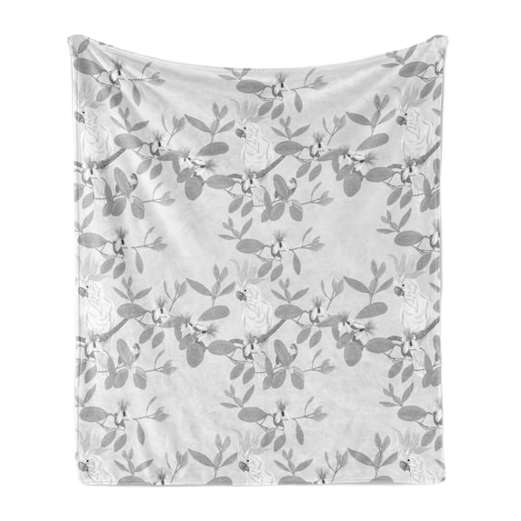 Floral Soft Flannel Fleece Blanket, Monochromatic Composition of Cockatoo Parrot on Feijoa Blooming Flowers Branches, Cozy Plush for Indoor and Outdoor Use, 70" x 90", Grey and White, by Ambesonne