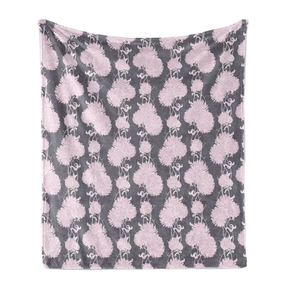Floral Soft Flannel Fleece Blanket, Multi Petal Pinkish Chrysanthemum Flowers Hand-drawn Vintage Pattern, Cozy Plush for Indoor and Outdoor Use, 60" x 80", Baby Pink Grey and White, by Ambesonne