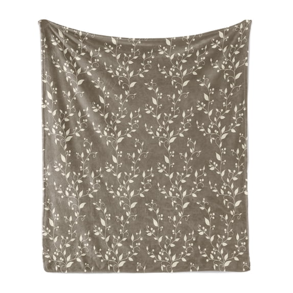Floral Soft Flannel Fleece Blanket, Nature Inspirations Pattern Branches Leaves and Berries Silhouette Digital Artwork, Cozy Plush for Indoor and Outdoor Use, 50" x 70", Taupe Cream, by Ambesonne