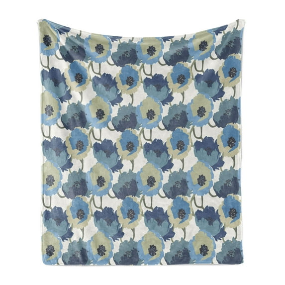 Floral Soft Flannel Fleece Blanket, Ombre Flowers Romantic Perennial Bouquet Florets Digital Watercolor Effect Art Image, Cozy Plush for Indoor and Outdoor Use, 50" x 60", Grey Navy, by Ambesonne