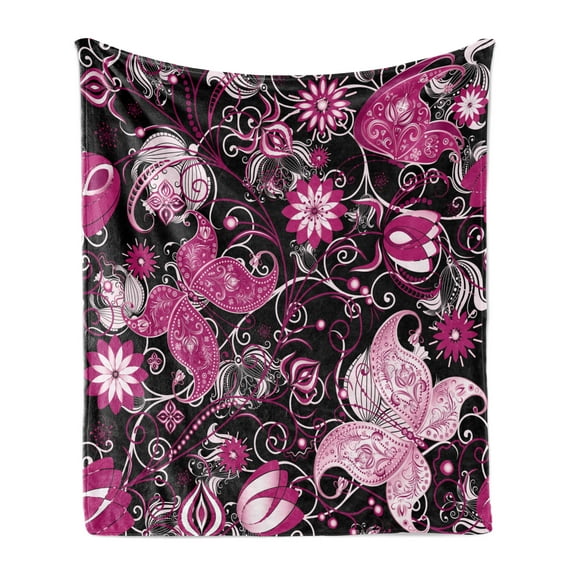 Floral Soft Flannel Fleece Blanket, Oriental Ornamental Flowers and Butterflies Design on on Dark Background, Cozy Plush for Indoor and Outdoor Use, 50" x 60", Charcoal Grey Magenta, by Ambesonne