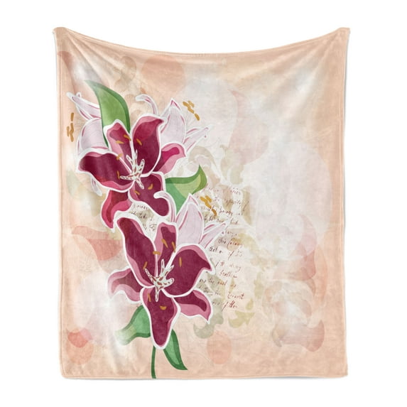 Floral Soft Flannel Fleece Blanket, Pastel Lilies Botanical Soft Toned Rural Blossom Meadow Summer Pattern, Cozy Plush for Indoor and Outdoor Use, 60" x 80", Peach Maroon and Green, by Ambesonne