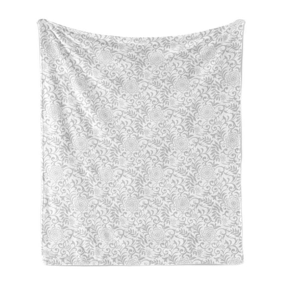 Floral Soft Flannel Fleece Blanket, Floral Pattern with Abstract Carnation Flower Motifs Swirled Leaves Ornate Antique, Cozy Plush for Indoor and Outdoor Use, 50" x 70", Grey White, by Ambesonne