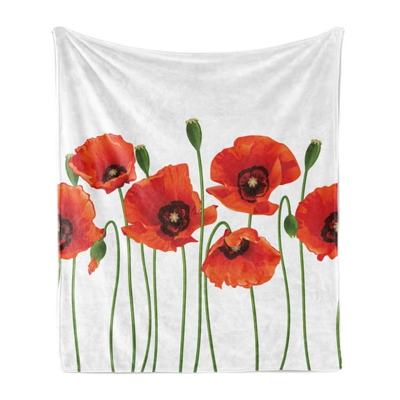 Floral Soft Flannel Fleece Blanket, Poppies of Spring Season Pastoral Flowers Botany Bouquet Field Nature Theme Art, Cozy Plush for Indoor and Outdoor Use, 70" x 90", Red and Green, by Ambesonne