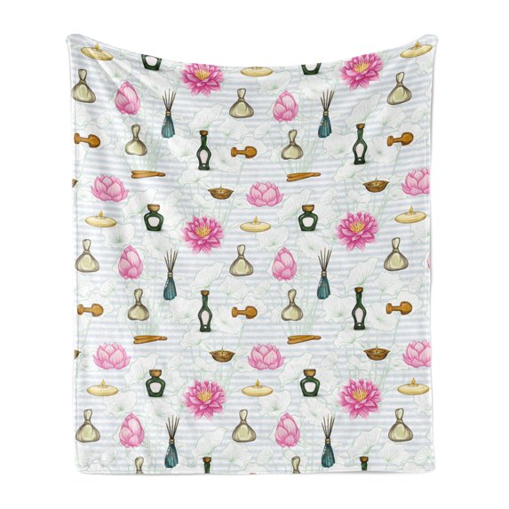 Floral Soft Flannel Fleece Blanket, Print of Colorful Perfume Bottles and Flowers on a Background of Stripes, Cozy Plush for Indoor and Outdoor Use, 60" x 80", White and Multicolor, by Ambesonne