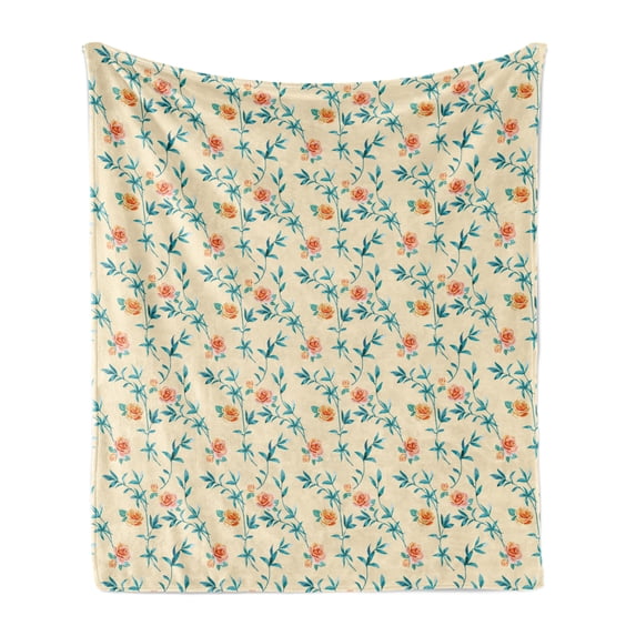 Floral Soft Flannel Fleece Blanket, Repeating Watercolor Style Rose Flower on Creme Tone Backdrop Illustration, Cozy Plush for Indoor and Outdoor Use, 70" x 90", Champagne Multicolor, by Ambesonne