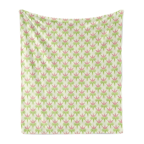 Floral Soft Flannel Fleece Blanket, Repetitive Pastel Tulip Flower Inspired Abstract Hand Drawn Motifs, Cozy Plush for Indoor and Outdoor Use, 70" x 90", Pastel Green and Pastel Pink, by Ambesonne