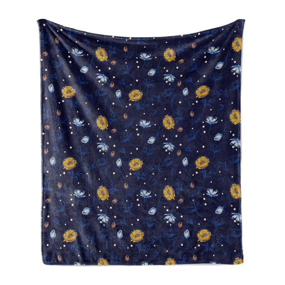 Floral Soft Flannel Fleece Blanket, Repetitive Style Illustration of Dark Tone Blooming Elements Botanical Buds, Cozy Plush for Indoor and Outdoor Use, 50" x 60", Indigo and Mustard, by Ambesonne
