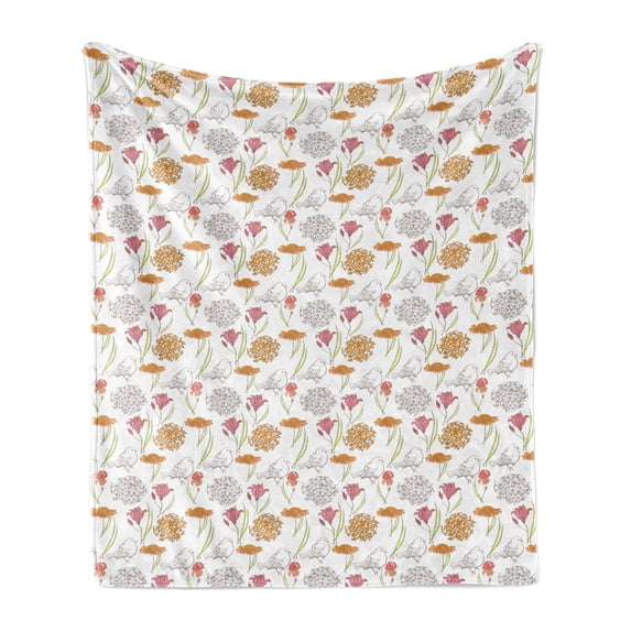 Floral Soft Flannel Fleece Blanket, Retro Spring Themed Foliage Pattern Including Lily and Iris Flowers and Birds Print, Cozy Plush for Indoor and Outdoor Use, 50" x 60", Multicolor, by Ambesonne
