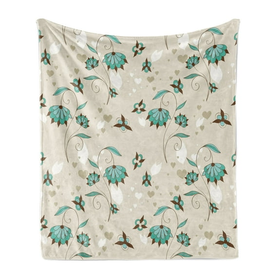 Floral Soft Flannel Fleece Blanket, Romantic with Little Hearts Swirled Stems with Blossoms Feminine Graphic, Cozy Plush for Indoor and Outdoor Use, 50" x 70", Turquoise Brown Beige, by Ambesonne