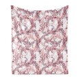 thumbnail image 1 of Floral Soft Flannel Fleece Blanket, Romantic Nature Scroll Style Pattern with Hand Drawn Leaves and Petals, Cozy Plush for Indoor and Outdoor Use, 50" x 70", Maroon Coral and White, by Ambesonne, 1 of 6