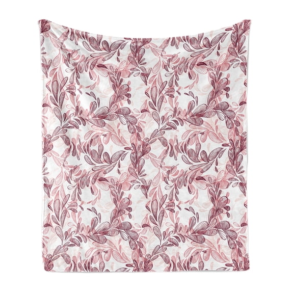 Floral Soft Flannel Fleece Blanket, Romantic Nature Scroll Style Pattern with Hand Drawn Leaves and Petals, Cozy Plush for Indoor and Outdoor Use, 60" x 80", Maroon Coral and White, by Ambesonne