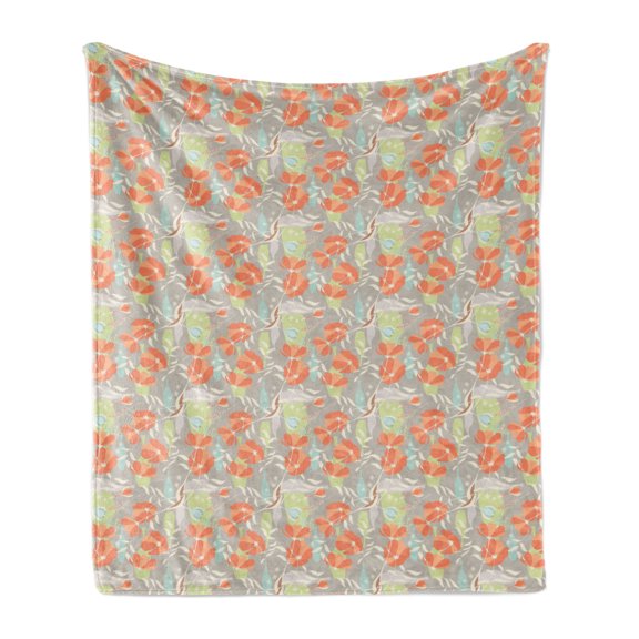 Floral Soft Flannel Fleece Blanket, Romantic Poppy Flowers with Leafy Stems in Vases Pastel Tone Entangled Composition, Cozy Plush for Indoor and Outdoor Use, 50" x 60", Multicolor, by Ambesonne