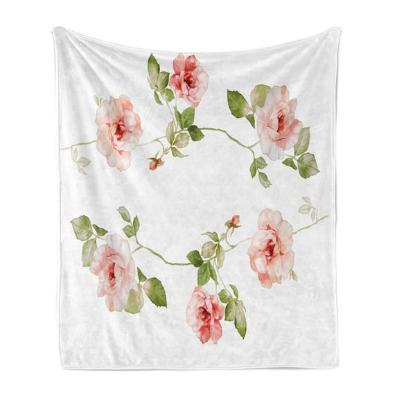 Floral Soft Flannel Fleece Blanket, Romantic Rose Flower Petals Shabby Form Love Blooms Botanical Design, Cozy Plush for Indoor and Outdoor Use, 50" x 60", Reseda Green Peach Coral, by Ambesonne
